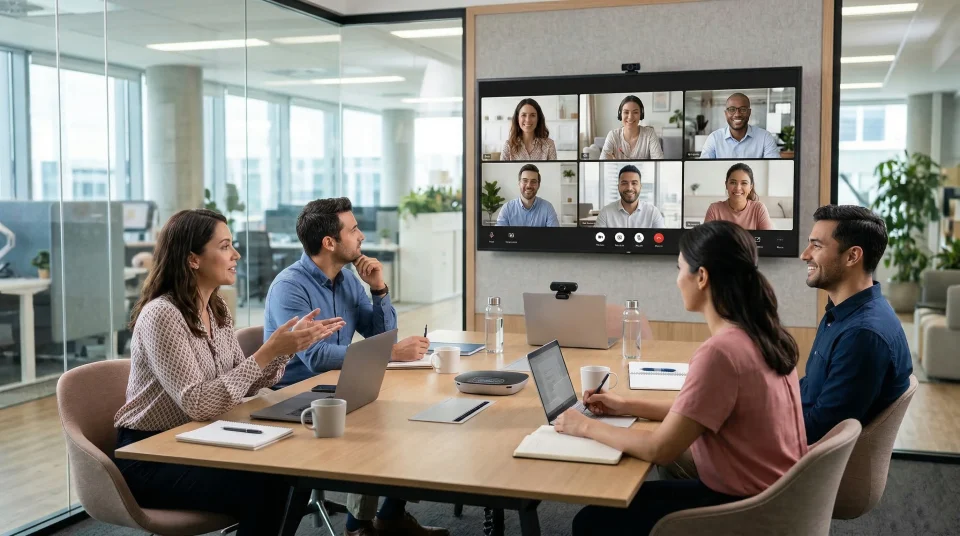 Virtual meeting with colleagues.