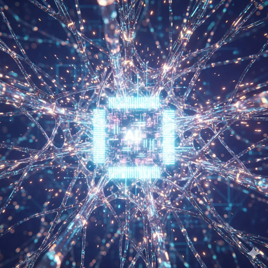 A highly detailed, dark image of interconnected brain neurons, illuminated by bright blue and electric current lines. The network pulses with light, creating a glowing, digital aesthetic that represents a sophisticated, artificial intelligence brain or neural network