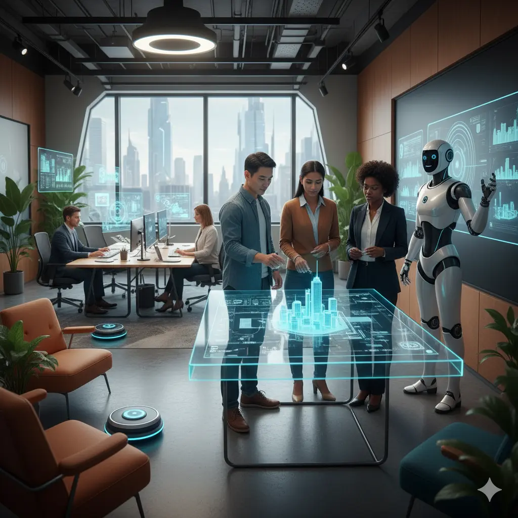 Futuristic office with holographic display