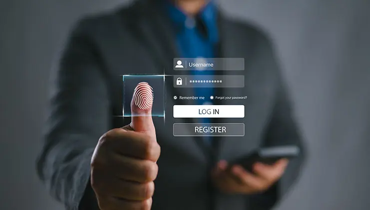 Man logging in with fingerprint on digital screen, representing user adoption