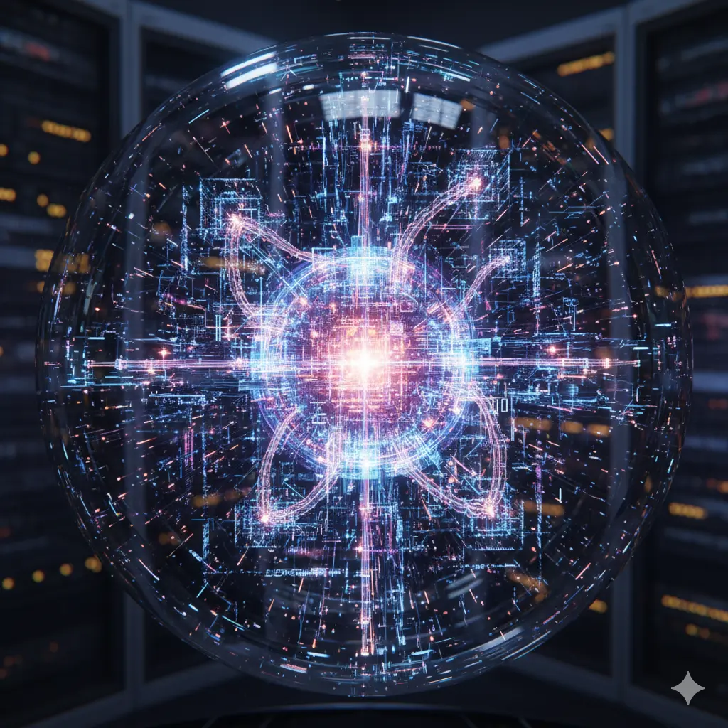 A metallic, geometric representation of a human head or brain structure, overlaid with bright, neon-blue circuit board patterns and pulsing yellow light lines. The design suggests a fusion of human intellect and digital, high-speed artificial intelligence computation