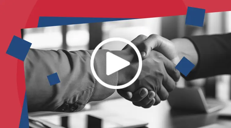 Professional business handshake between two people in suits representing successful job interview outcome with modern geometric design elements